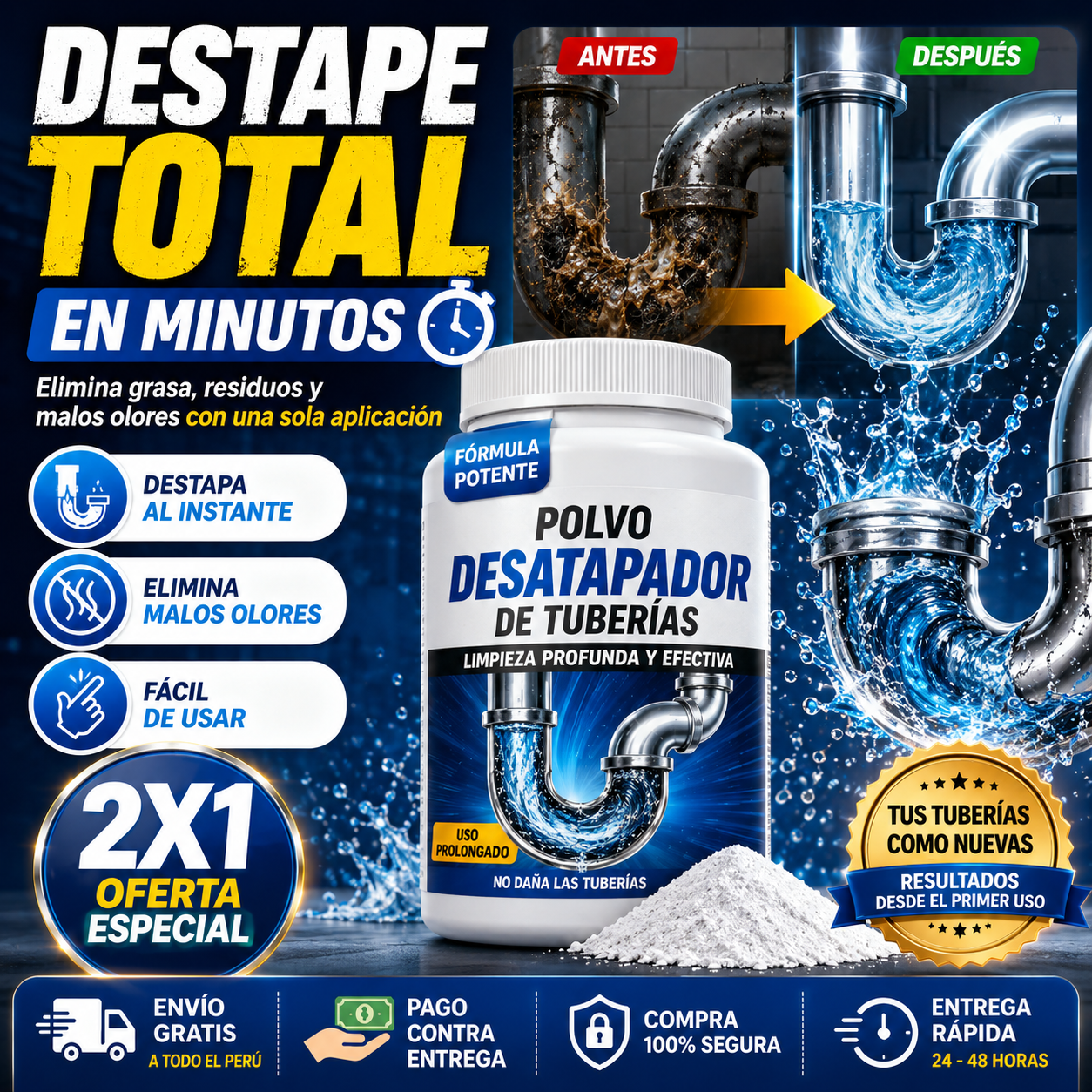 POLVO DESTAPADOR DE TUBERÍAS 2X1 - PODER AL INSTANTE